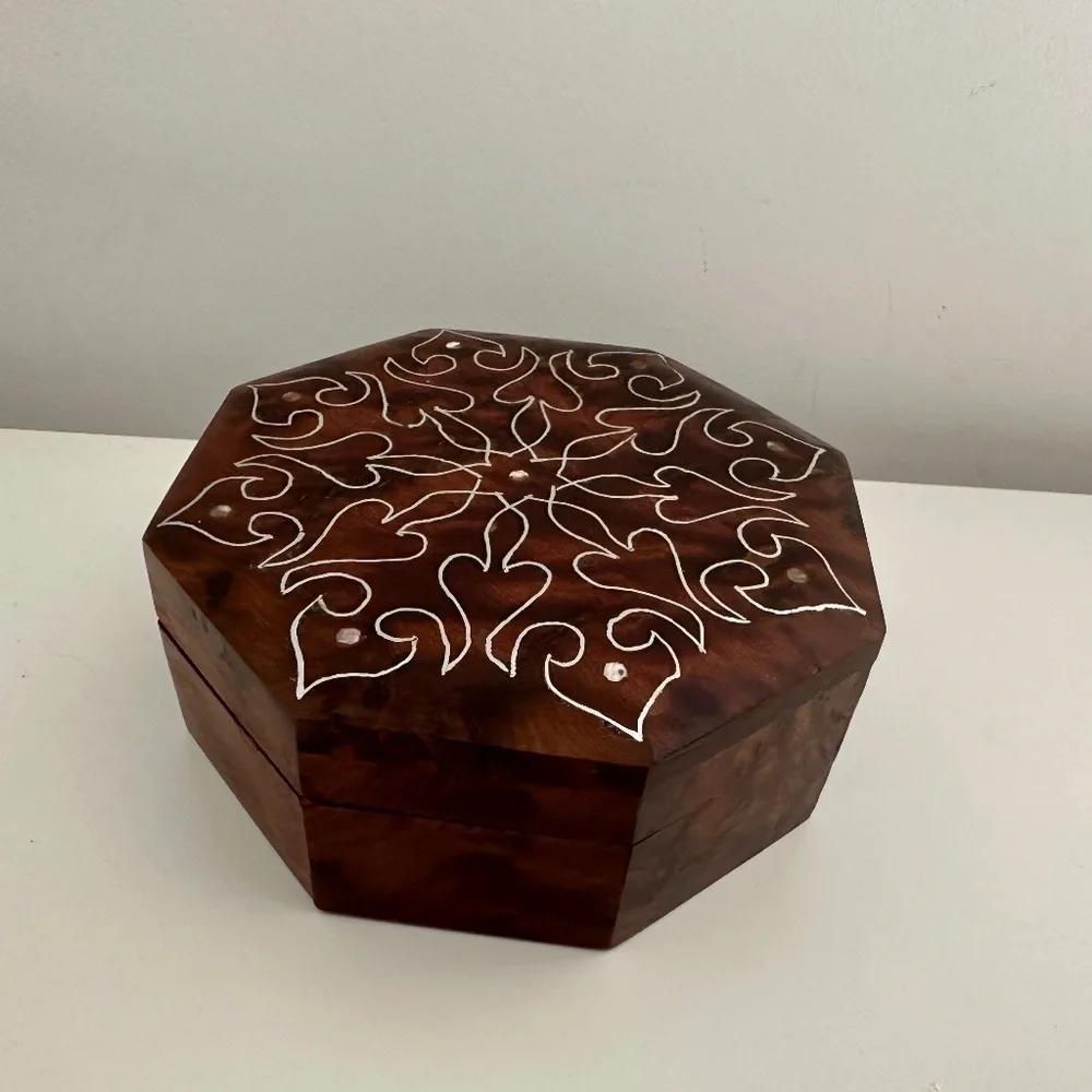 Burr Walnut Hexagon Jewelry Box Trinket Vintage Classic